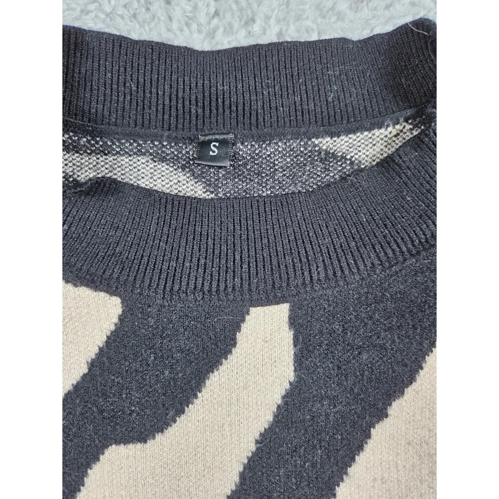 Zebra Print Crewneck Sweater Black Beige Animal Print Knit Top Small - Picture 3 of 8